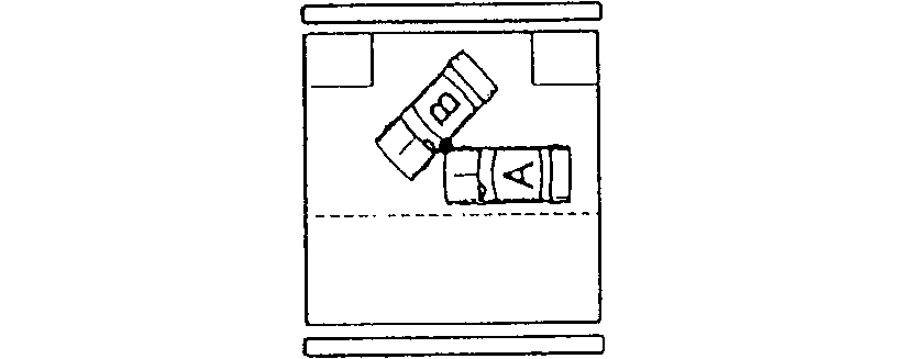 Diagram of a collision where automobile B entering a road from a private road/driveway and strikes automobile A.