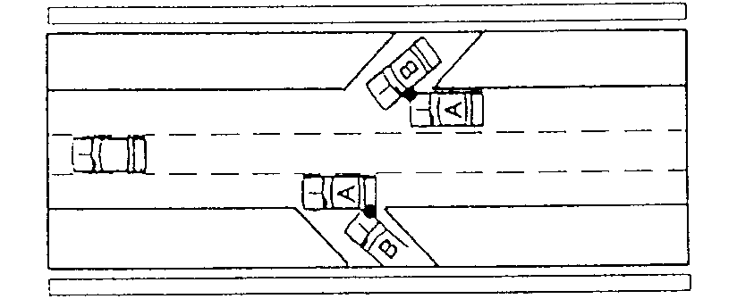 Diagram of two collisions where automobile B enters a controlled access road and strikes or is struck by automobile A.