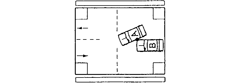 Diagram of a collision where automobile A turns left at an intersection and is struck by an overtaking automobile B.