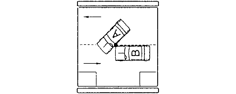 Diagram of a collision where automobile A turns left at a driveway and is struck by B overtaking A against traffic. 