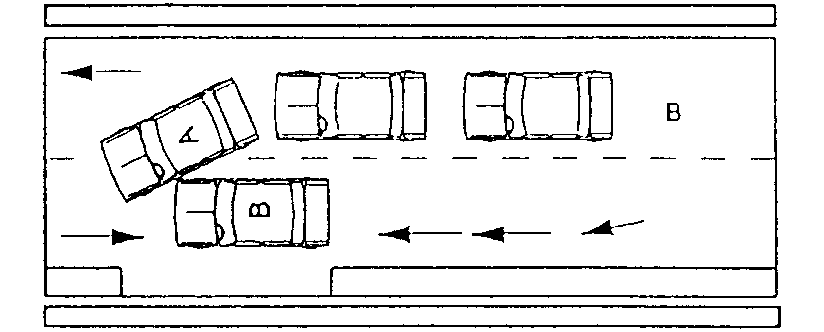 Diagram of collision where automobile A turns left and is struck by B that has passed two automobiles, against traffic.