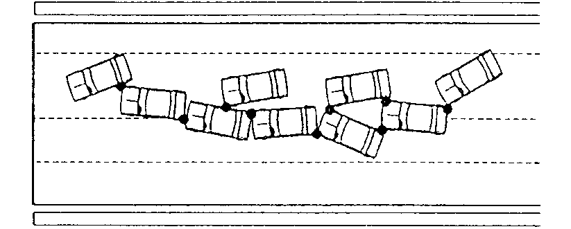 Diagram of a multiple pile up collision between nine automobiles travelling in the same direction.