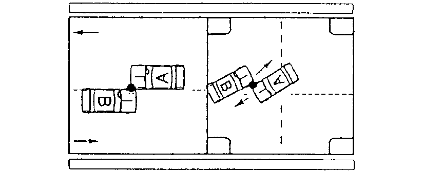 Diagram of two collisions where automobiles A and B drive in opposite directions and collide on the centre line.