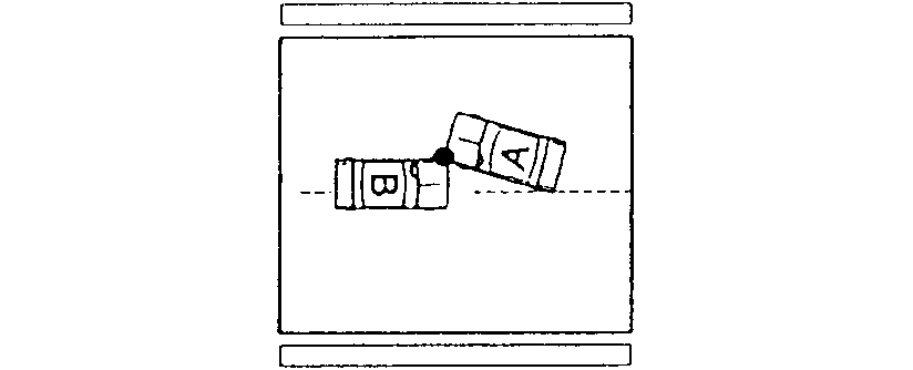 Diagram of a collision where automobiles A and B drive in opposite directions and sideswipe each other.