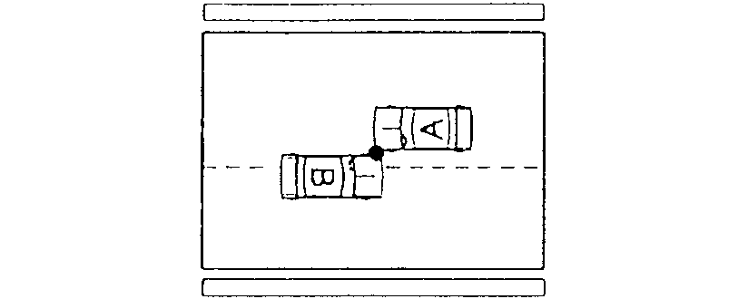 Diagram of collision. Automobiles A and B drive in opposite directions, B is over the centre line and sideswipes A.