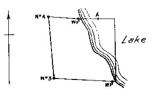 Diagram of claim without No. 1 post. Witness posts on lake edge at north boundary and southeast corner. Point A in lake.