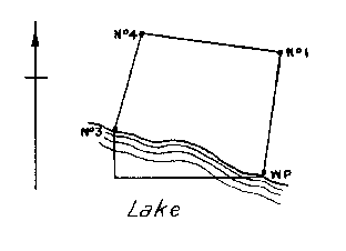 Diagram of a claim without No. 2 post. No. 3 post and witness post on southeast corner are on lake edge.