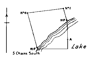 Diagram of claim without No. 3 and 4 posts. Witness posts on lake edge on east boundary and southeast. Point A in lake.