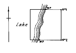 Diagram of a claim where No. 3 and 4 posts would be in lake. Witness posts on lake edge on north and south boundaries.
