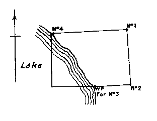 Diagram of a claim without No. 3 post. Witness post on south boundary and No. 4 post are on lake edge.