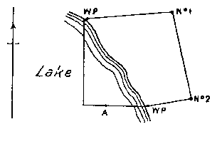 Diagram of a claim without No. 3 and 4 posts. Witness post at southeast and No. 4 post are on lake edge. Point A in lake.