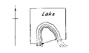 Diagram of claim with no numbered posts. Land protrudes across south boundary with witness posts on either side at lake edge.