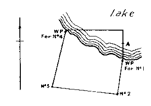 Diagram of claim without No. 1 and 4 posts. Witness post on lake edge at northwest corner and east boundary. Point A in lake.