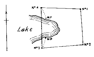 Diagram of claim with all numbered posts. Lake protrudes across west boundary with witness posts on either side at lake edge.